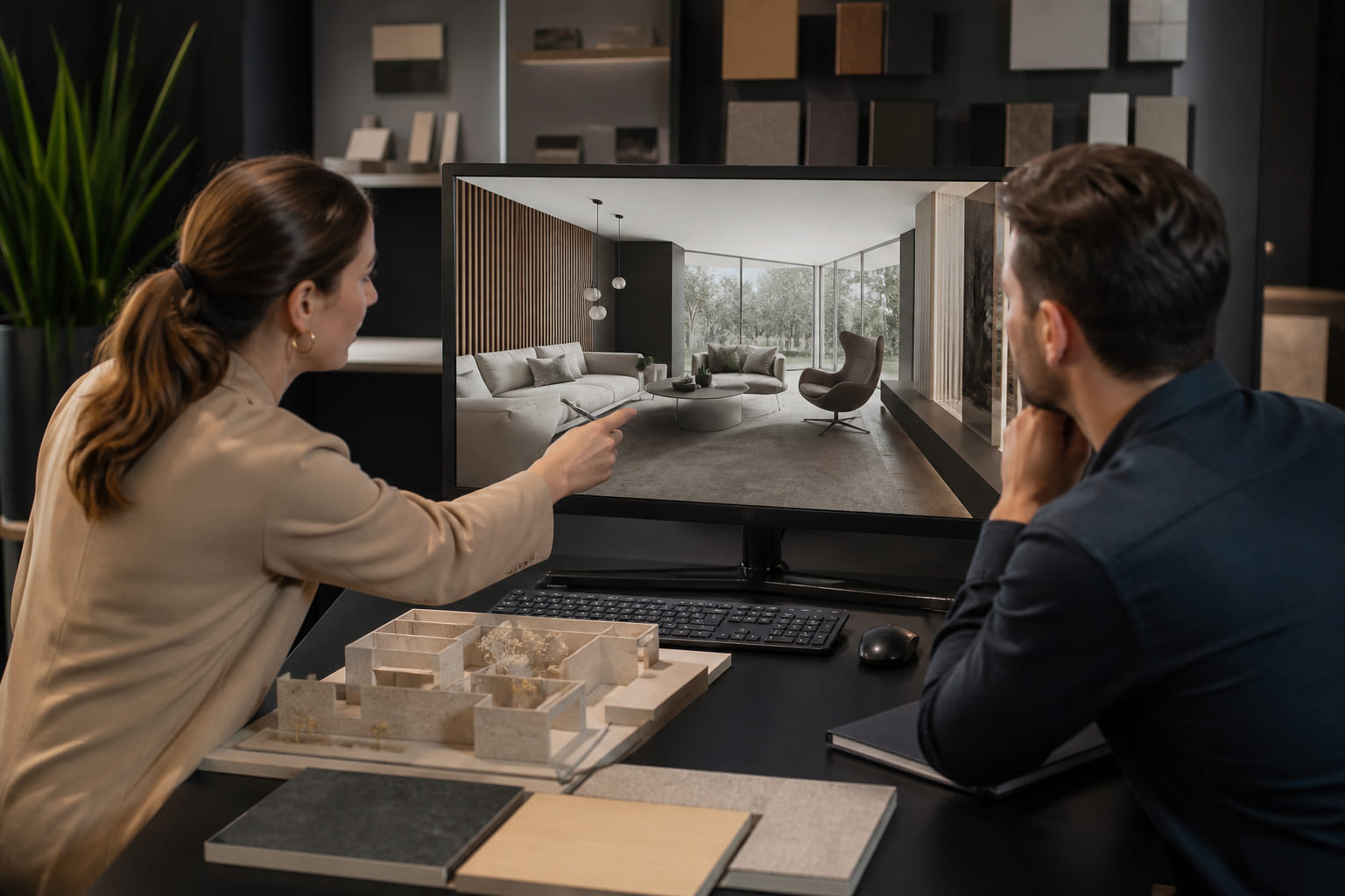 Designer and client reviewing 3D interior visualisation together