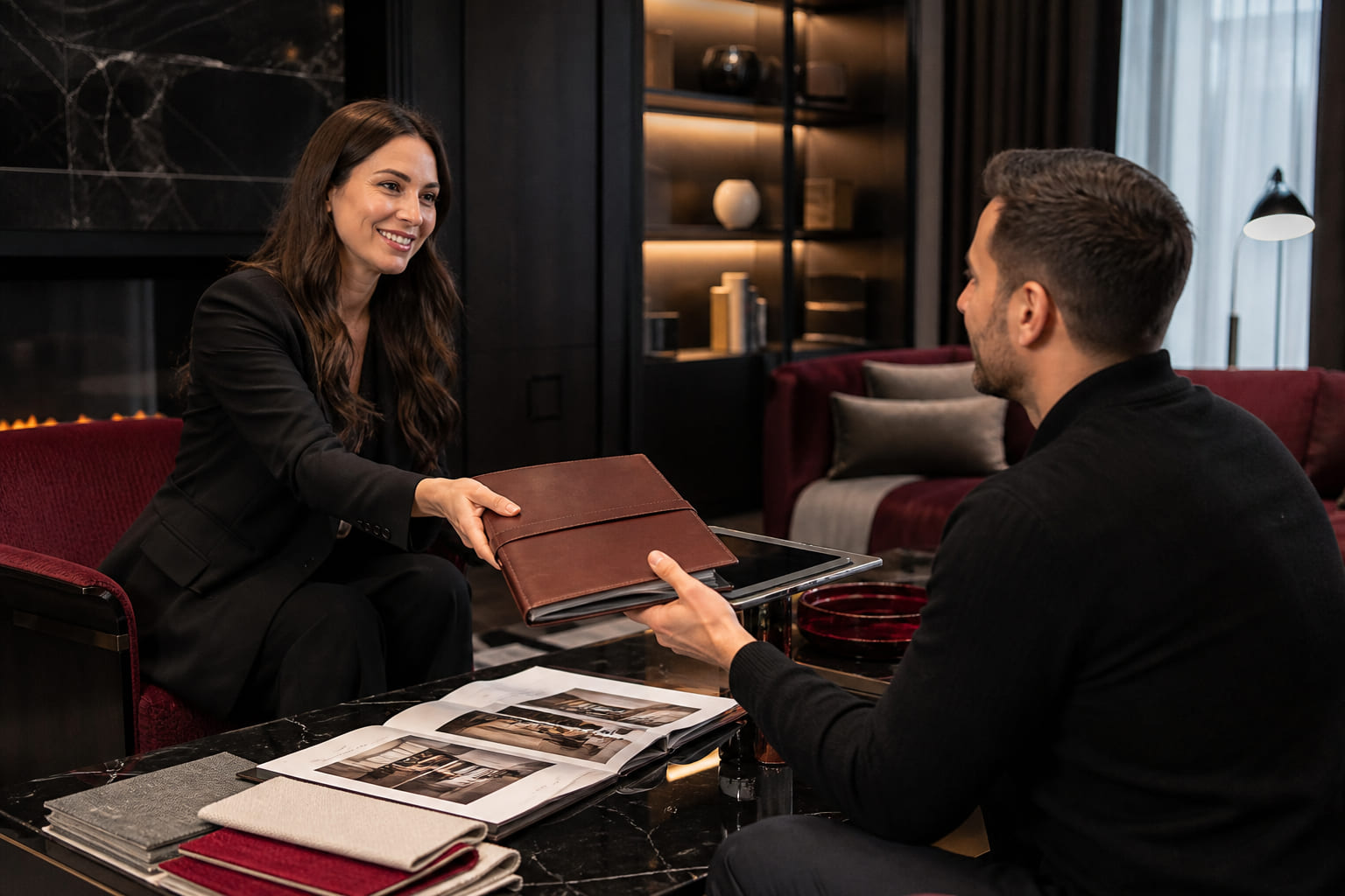 Designer presenting project archive during final handover with client