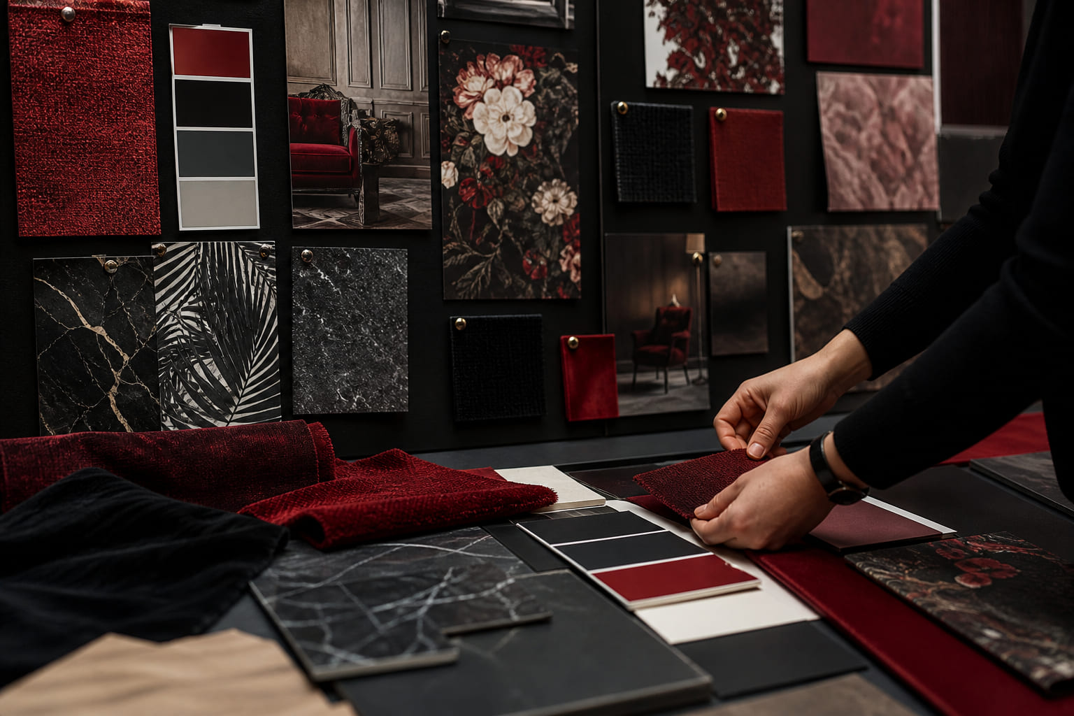 Mood board workshop with material samples and colour palettes