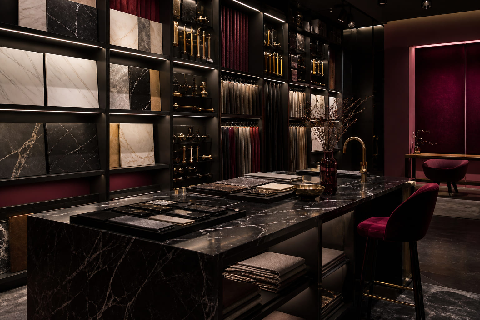 Curated interior material palette with stone, wood, and fabric samples