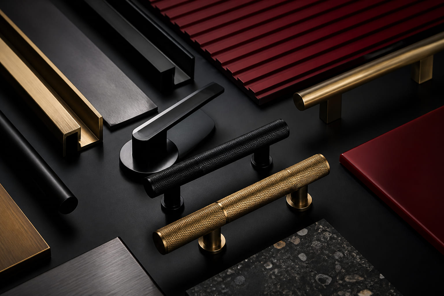 Brushed brass and matte black steel hardware for interior detailing
