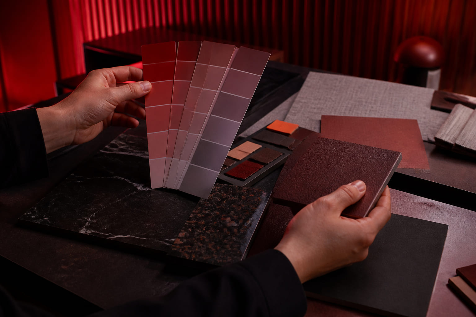 Interior designer reviewing material samples and swatches at studio table