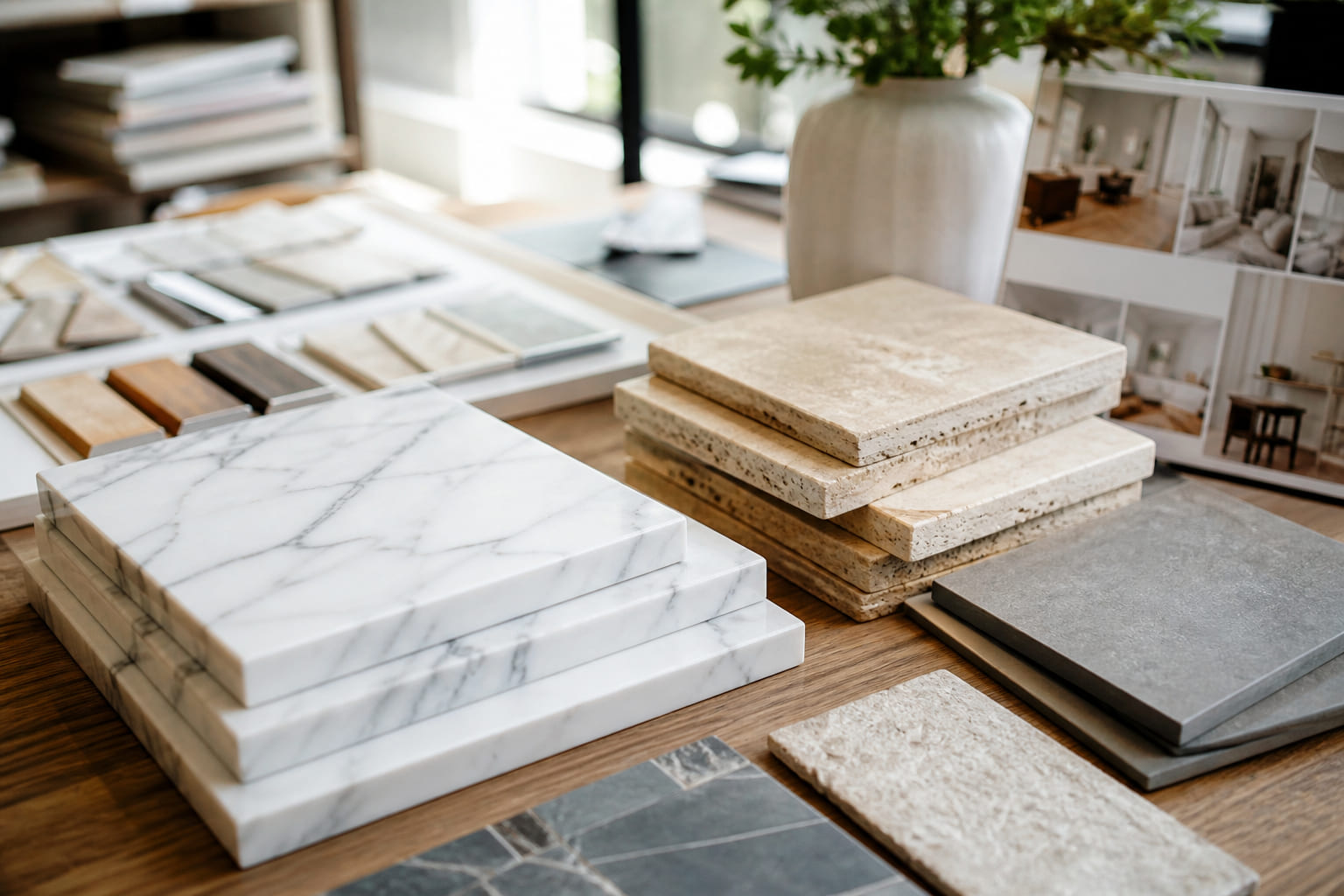 Honed limestone and marble surface samples for interior design