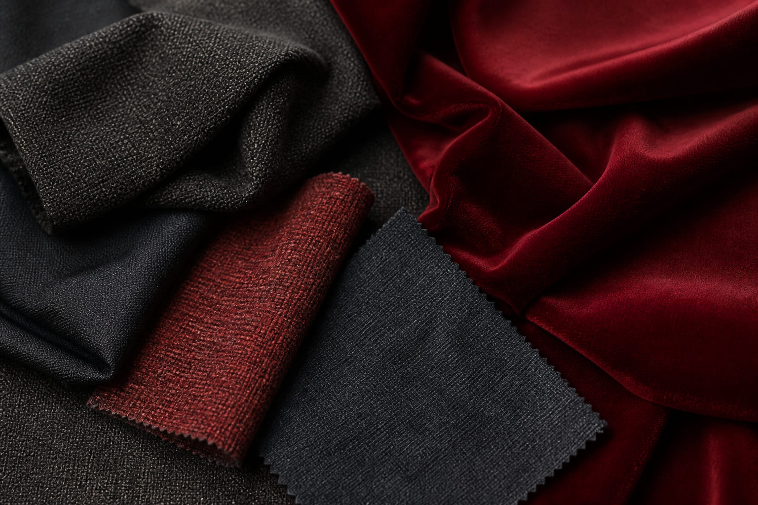 Luxury interior textiles including velvet, linen, and wool fabric swatches