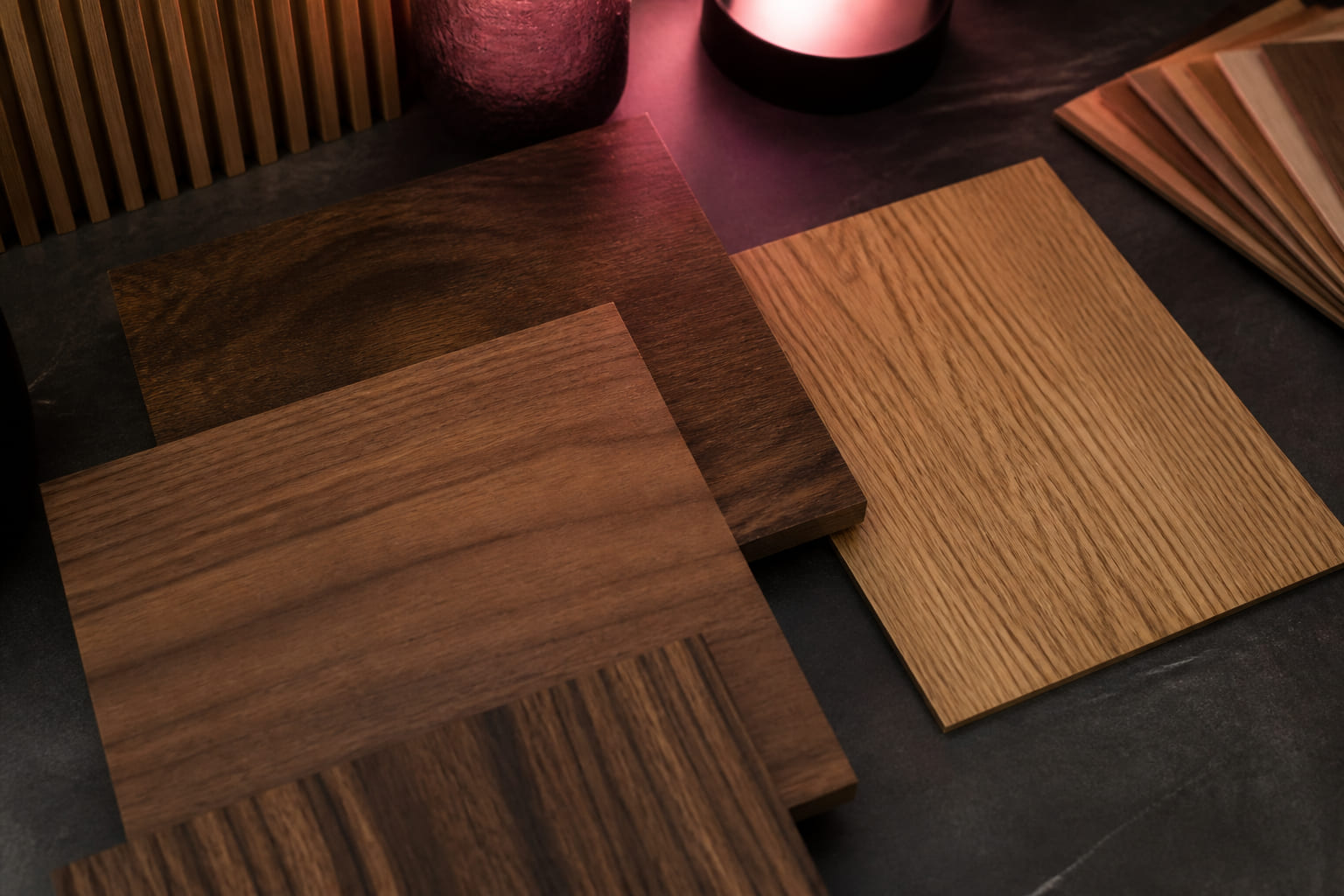 Oak and walnut timber samples with visible grain patterns