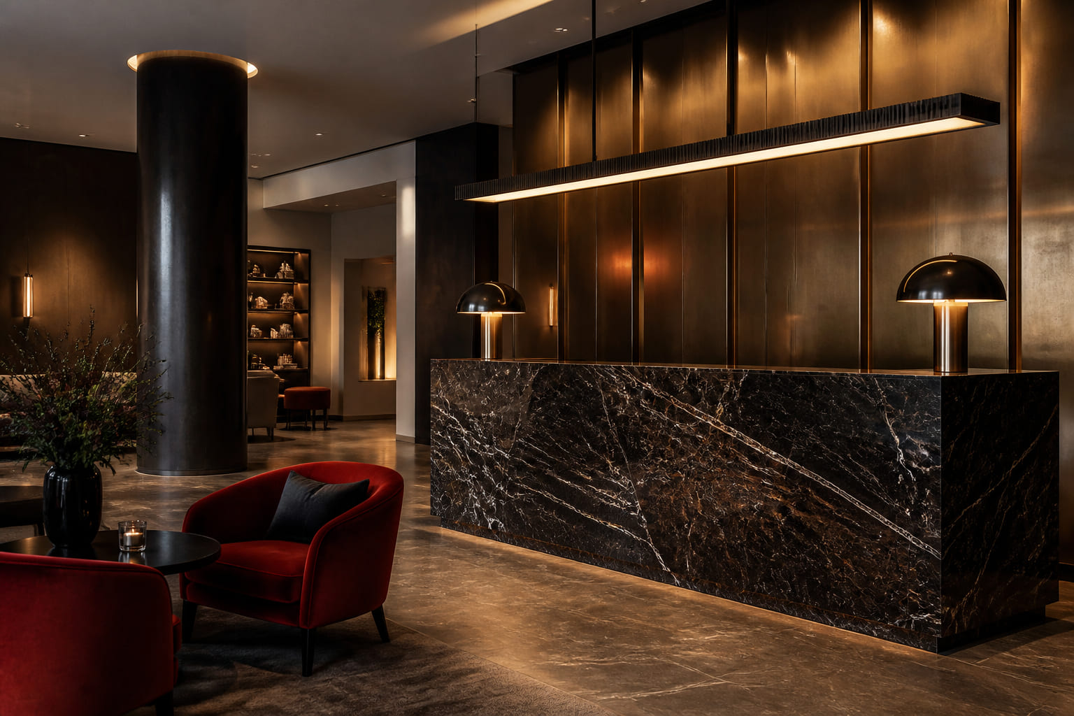 Boutique hotel lobby interior with marble reception and ambient lighting