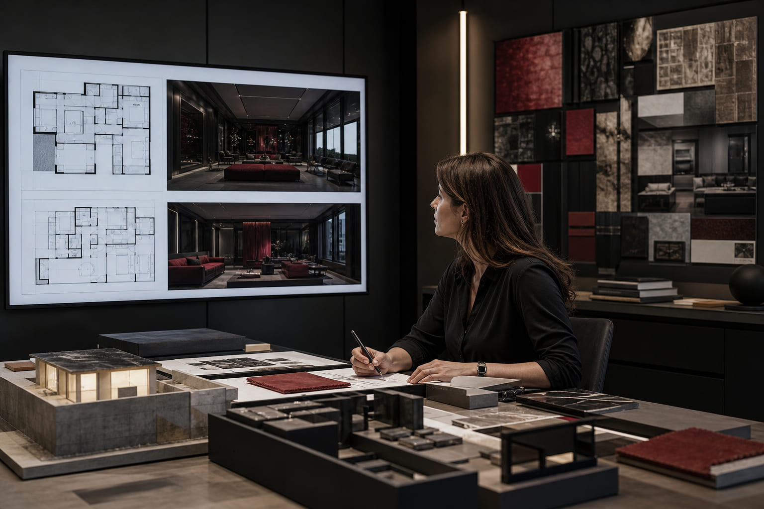 Interior designer reviewing floor plans and 3D room renderings in studio