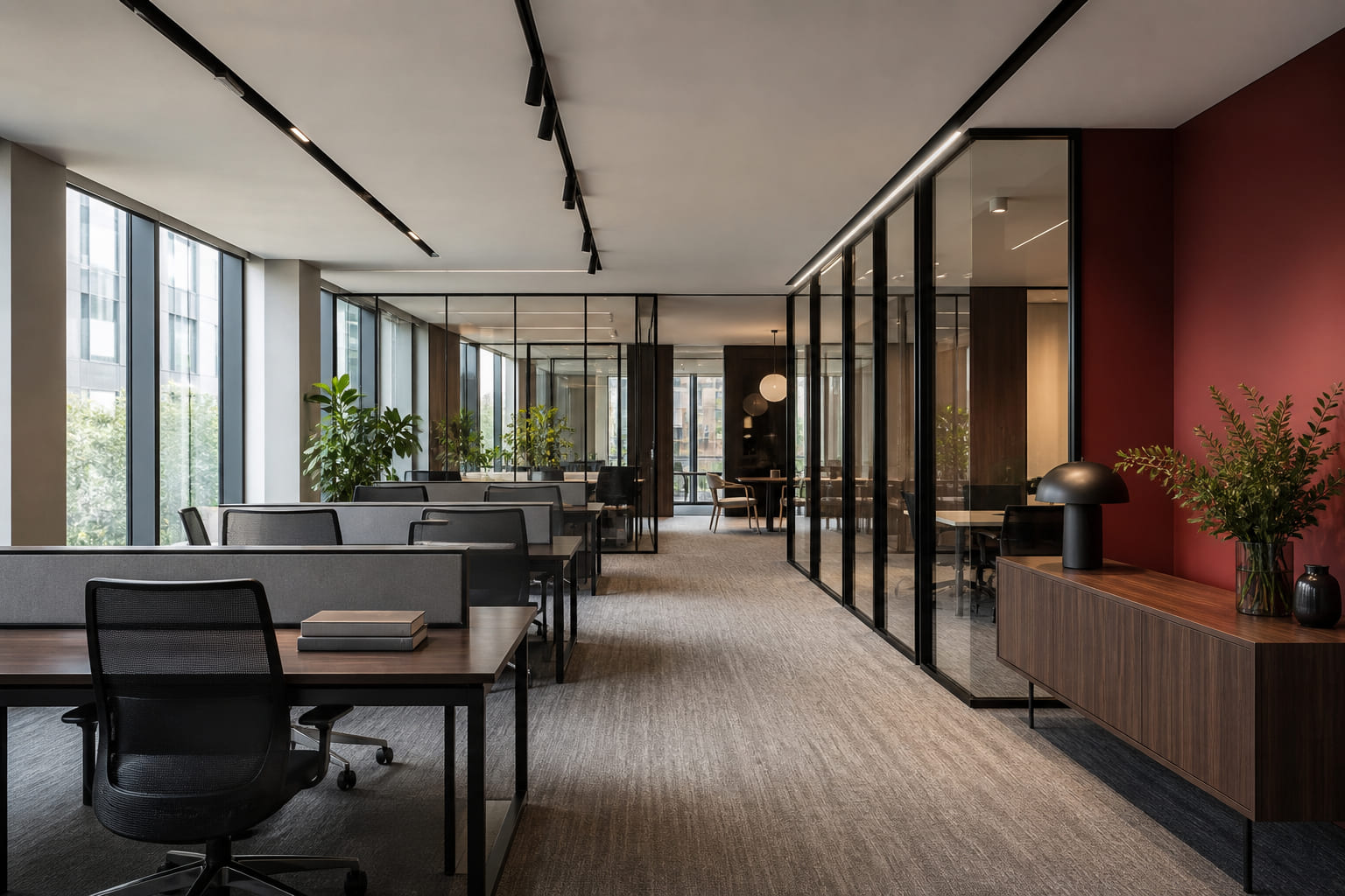 Modern corporate workspace interior with glass partitions and natural light
