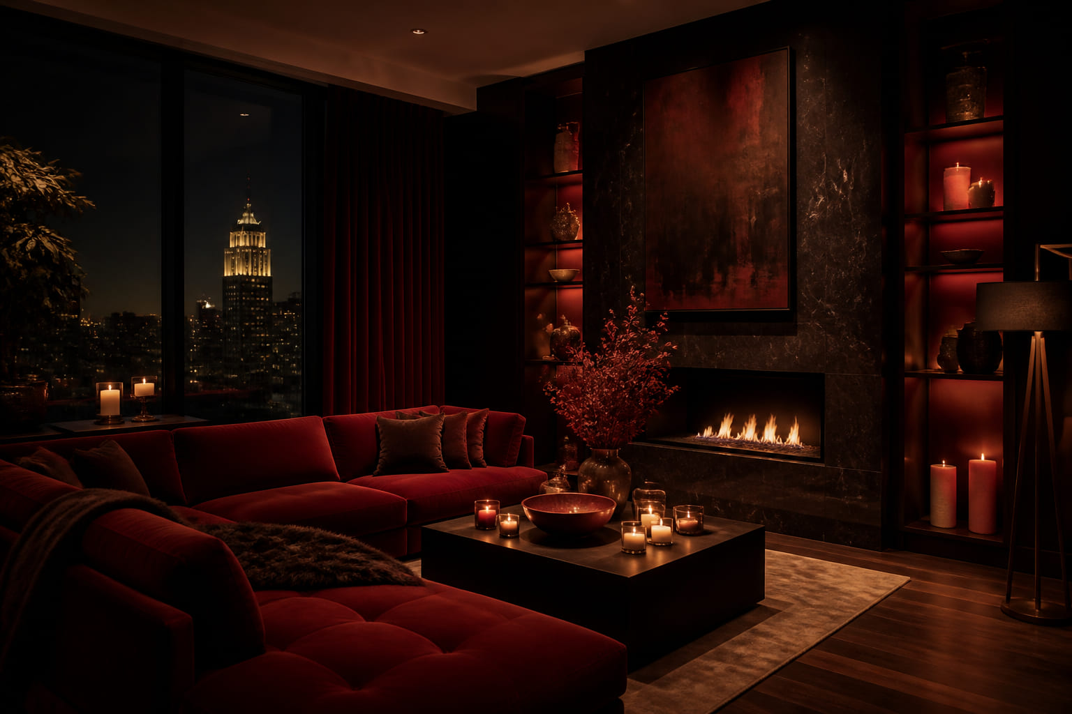 Moody evening interior with warm ambient and accent lighting