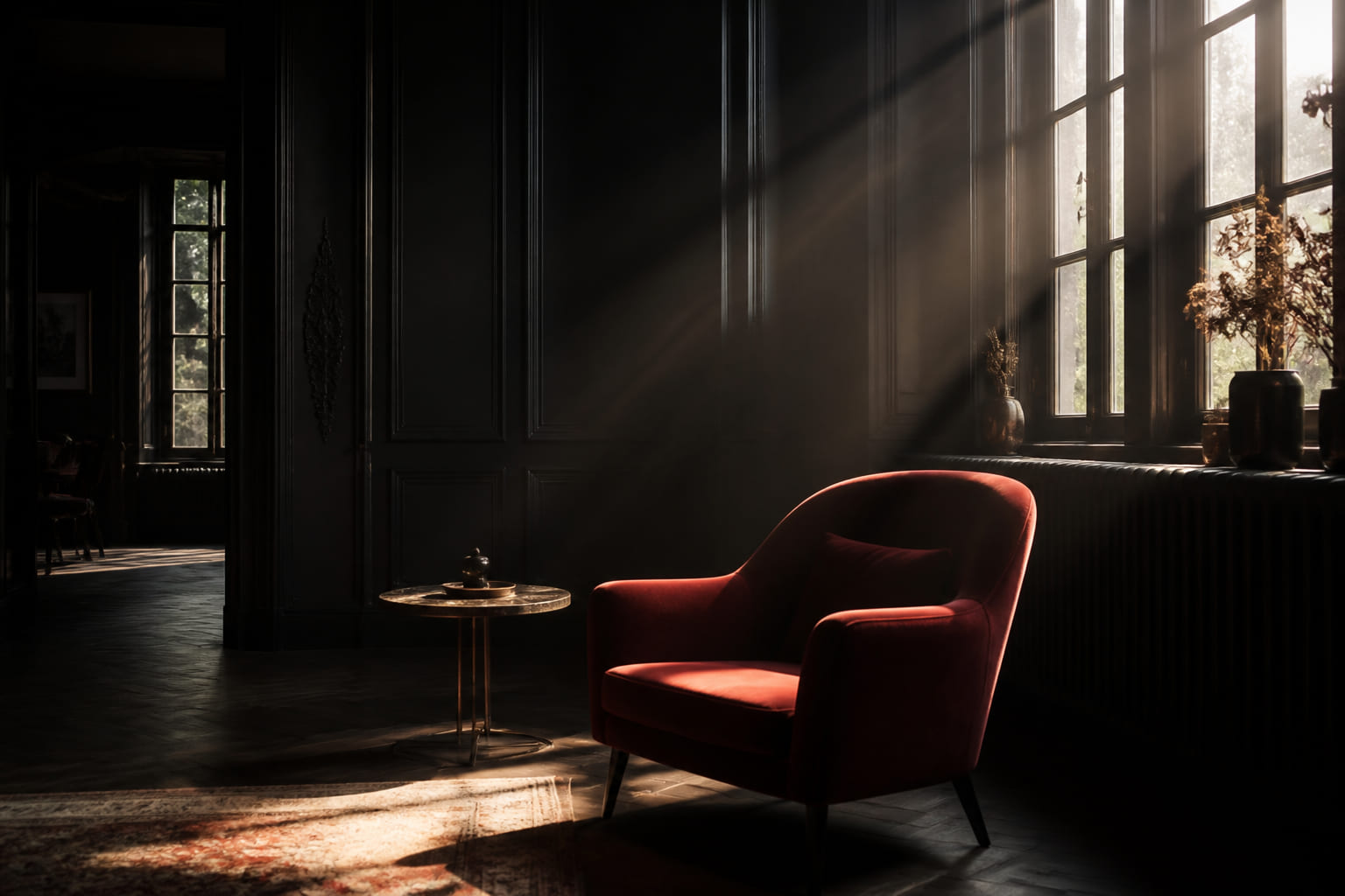 Dramatic sunlight streaming through a curated interior space
