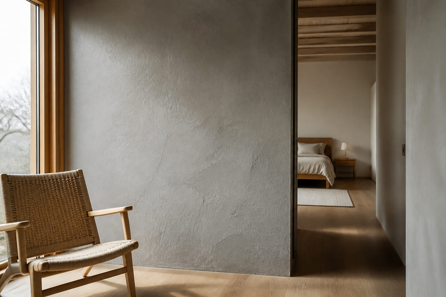 Natural daylight illuminating textures in a minimalist interior